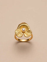 Golden Petal Pearl Statement Ring