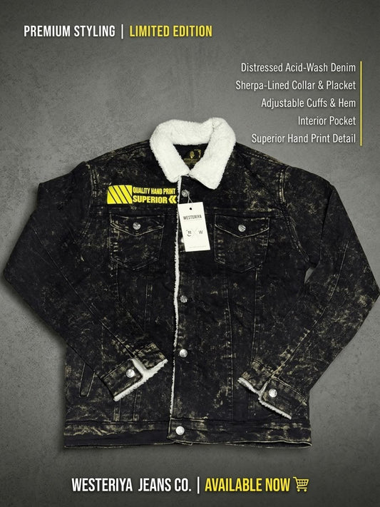 Black Acid-Wash Sherpa Denim Jacket