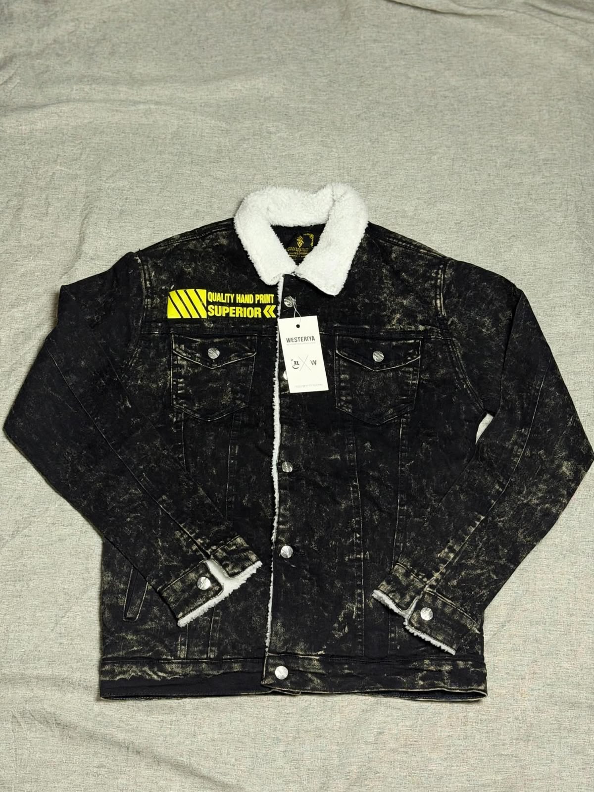 Black Acid-Wash Sherpa Denim Jacket