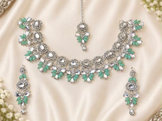 Mint Kundan Silver Necklace Set