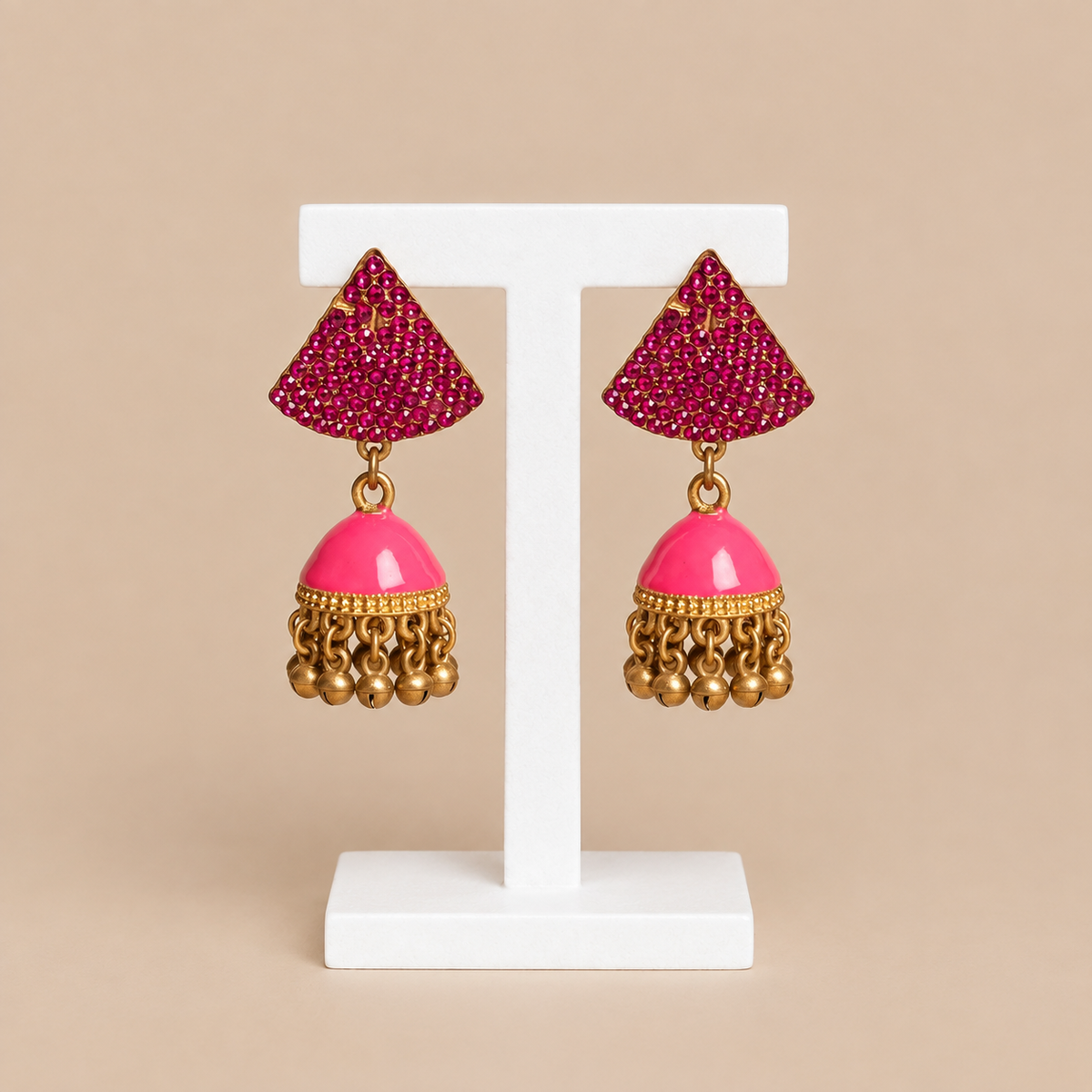Hot Pink Crystal Jhumki Earrings
