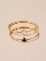 Gold Bangle Bracelet Set with Black & White Clover Charms (Set of 2)