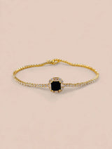 Gold Tennis Bracelet with Black Stone and CZ Halo Charm