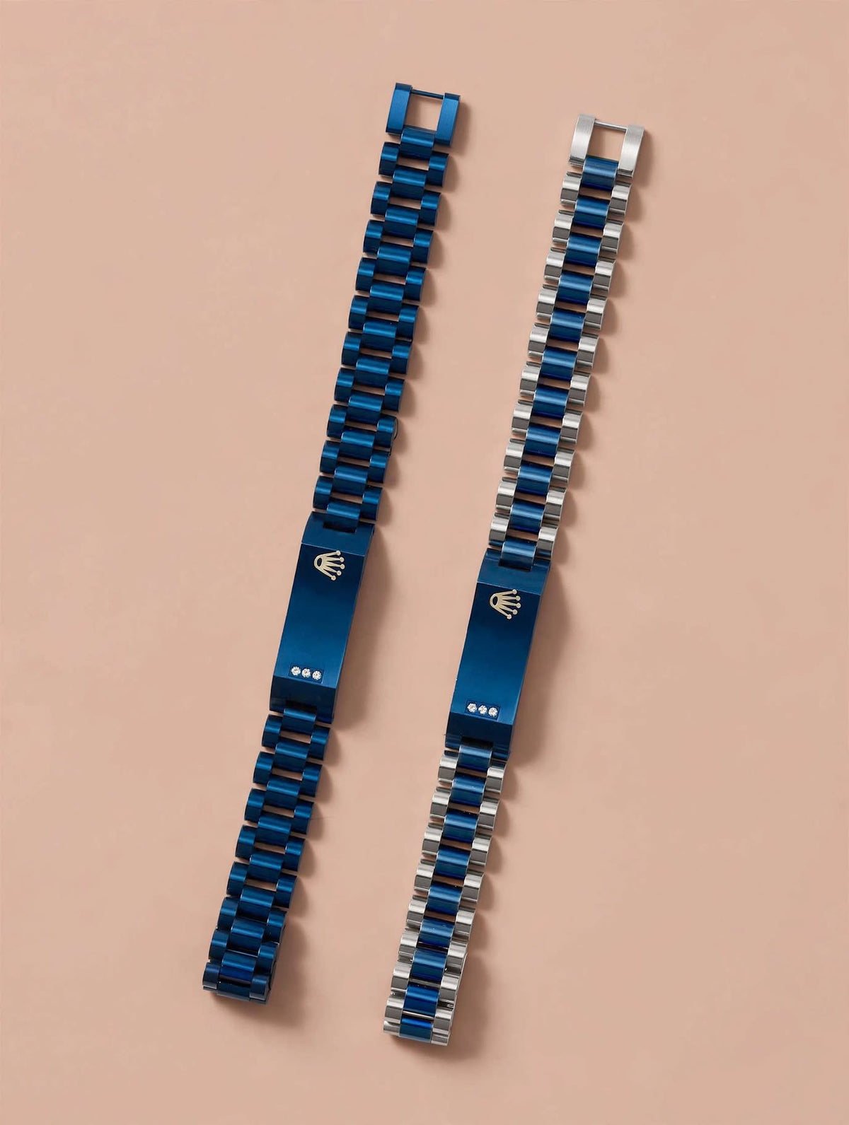 Blue & Silver Two-Tone Link Bracelets with Crown Charm (Set of 2)