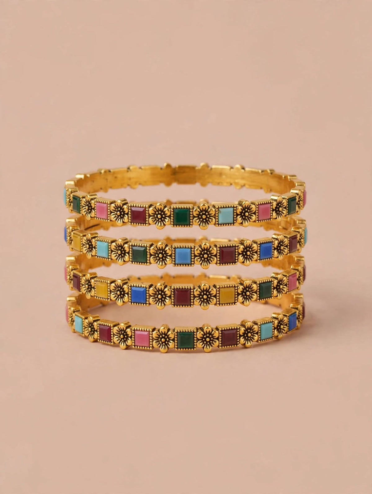 Gold Floral Multicolor Bangles Set of 4
