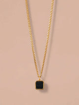 Gold Curb Chain Necklace with Black Square Stone Pendant