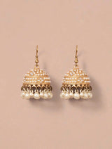 Gold-Toned Kundan Studded Jhumki Earrings with Pearl Fringe