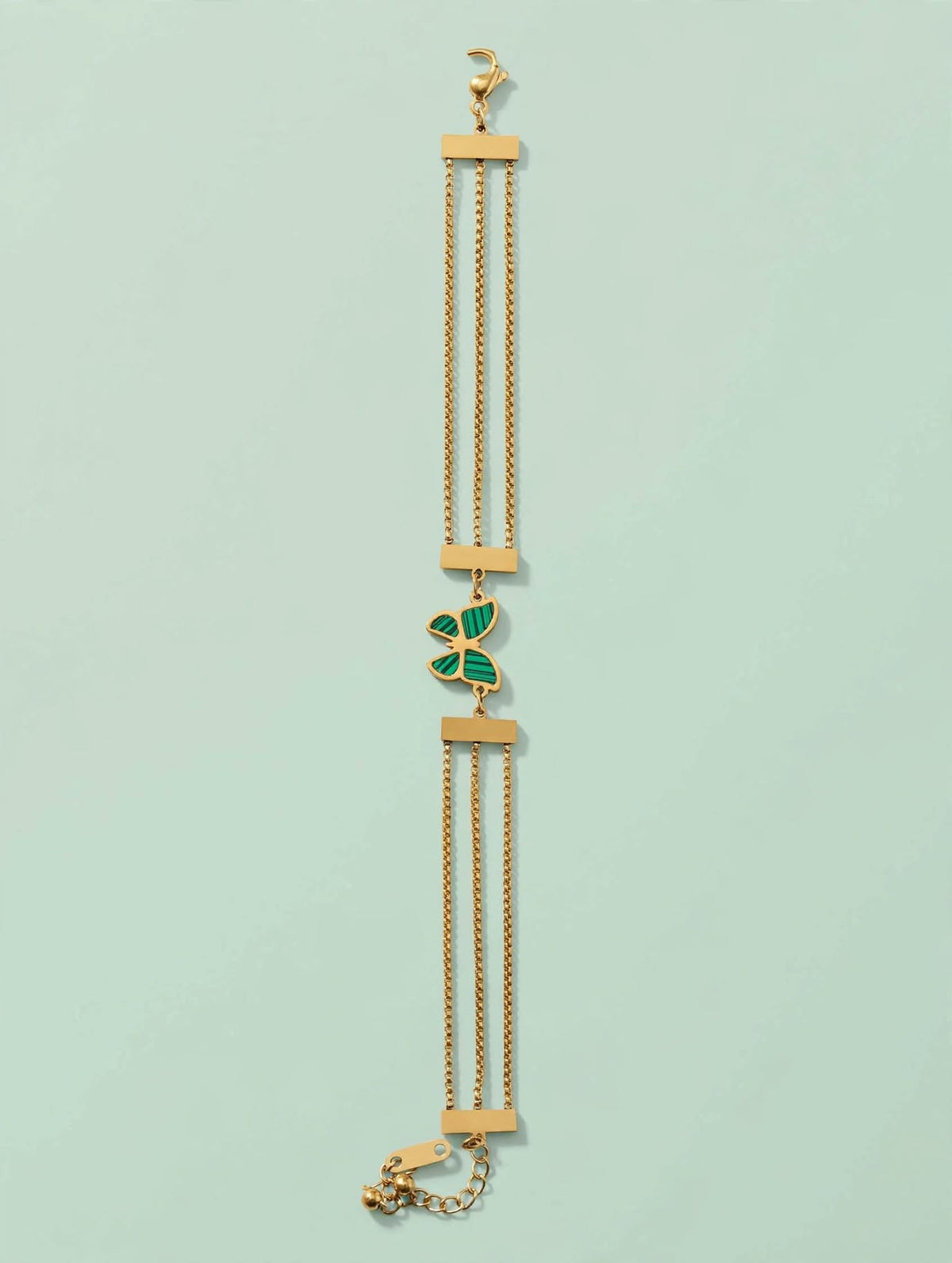 Gold Multi-Strand Chain Bracelet with Green Malachite-Style Butterfly Charm