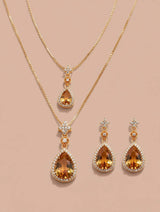 Gold Layered Necklace with Citrine Teardrop Pendant & Earring Set