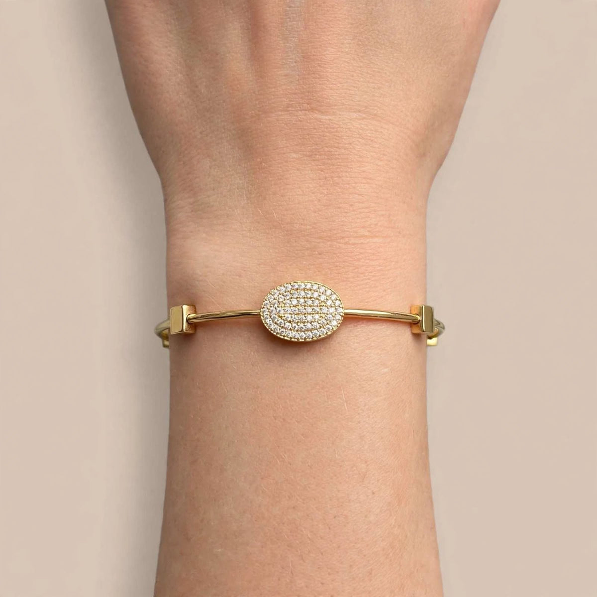 Gold Bangle Bracelet with Pave CZ Oval Charm