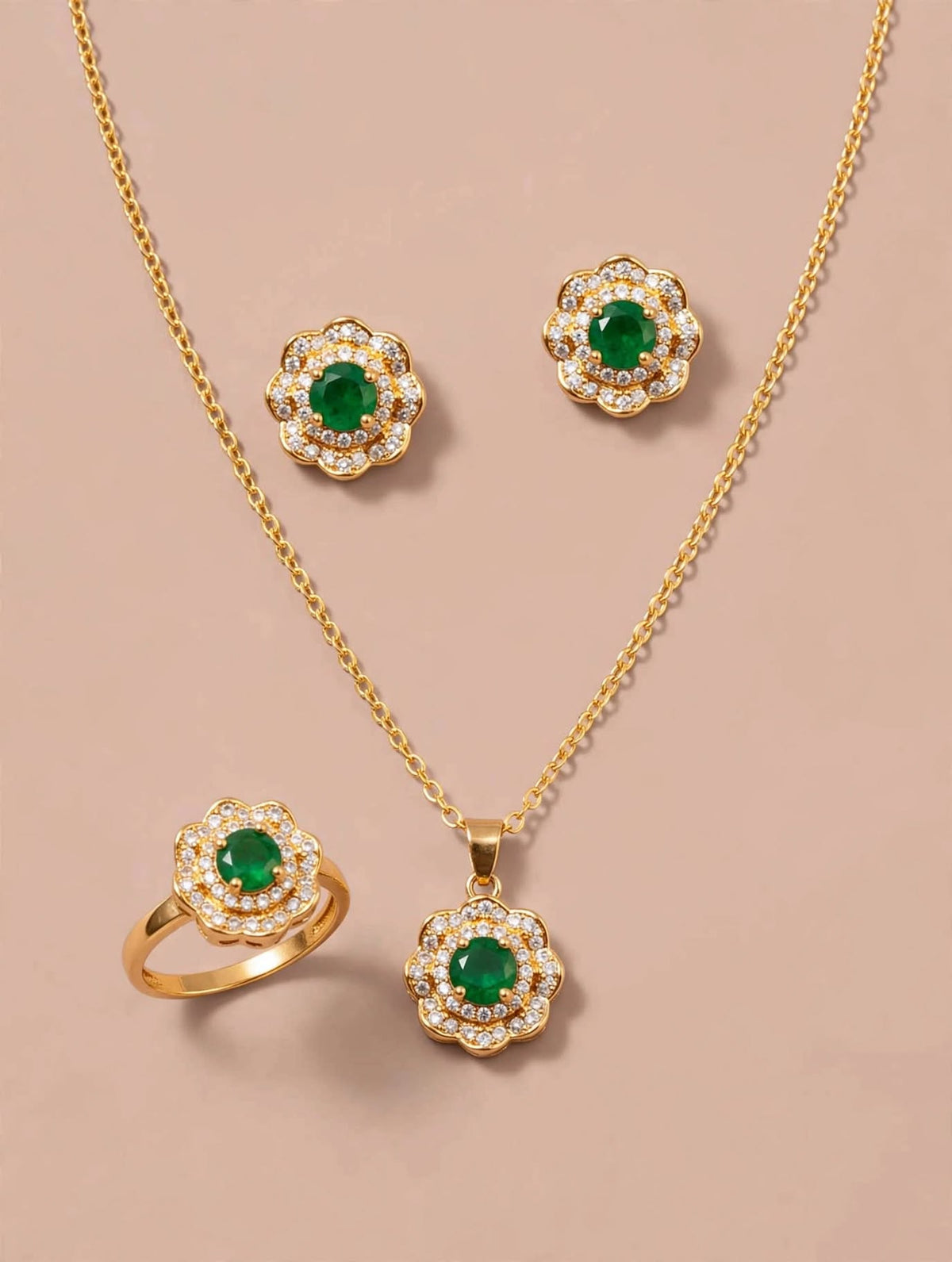 Gold Emerald Floral CZ Necklace, Ring & Earrings Set