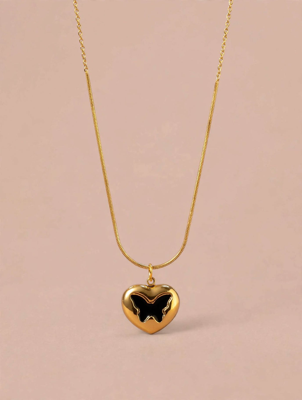 Gold Heart Pendant Necklace with Black Butterfly Enamel Detail