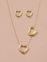 Gold Heart Charm Necklace and Stud Earrings Set