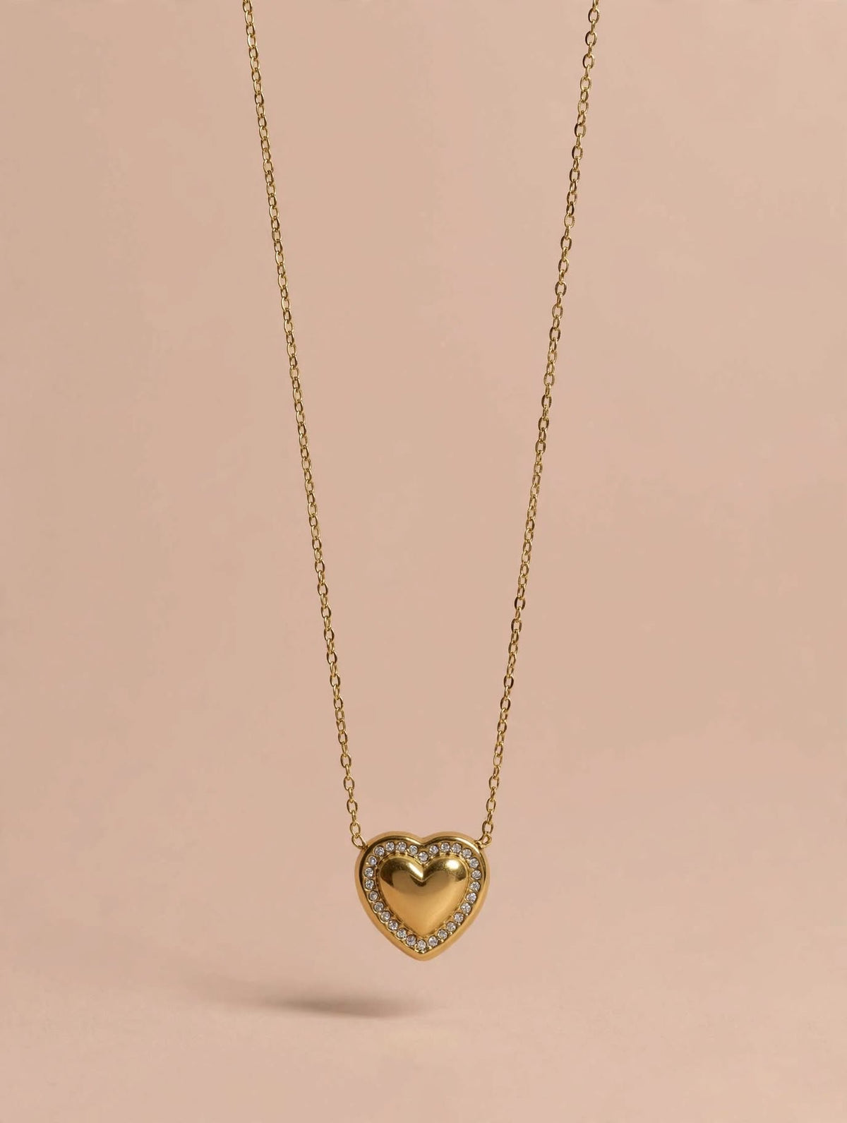 Gold Heart Pendant Necklace with Pave Crystal Border