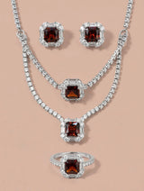 Silver Red Garnet CZ 4-Piece Bridal Jewelry Set – Necklace, Bracelet,Ring & Earrings