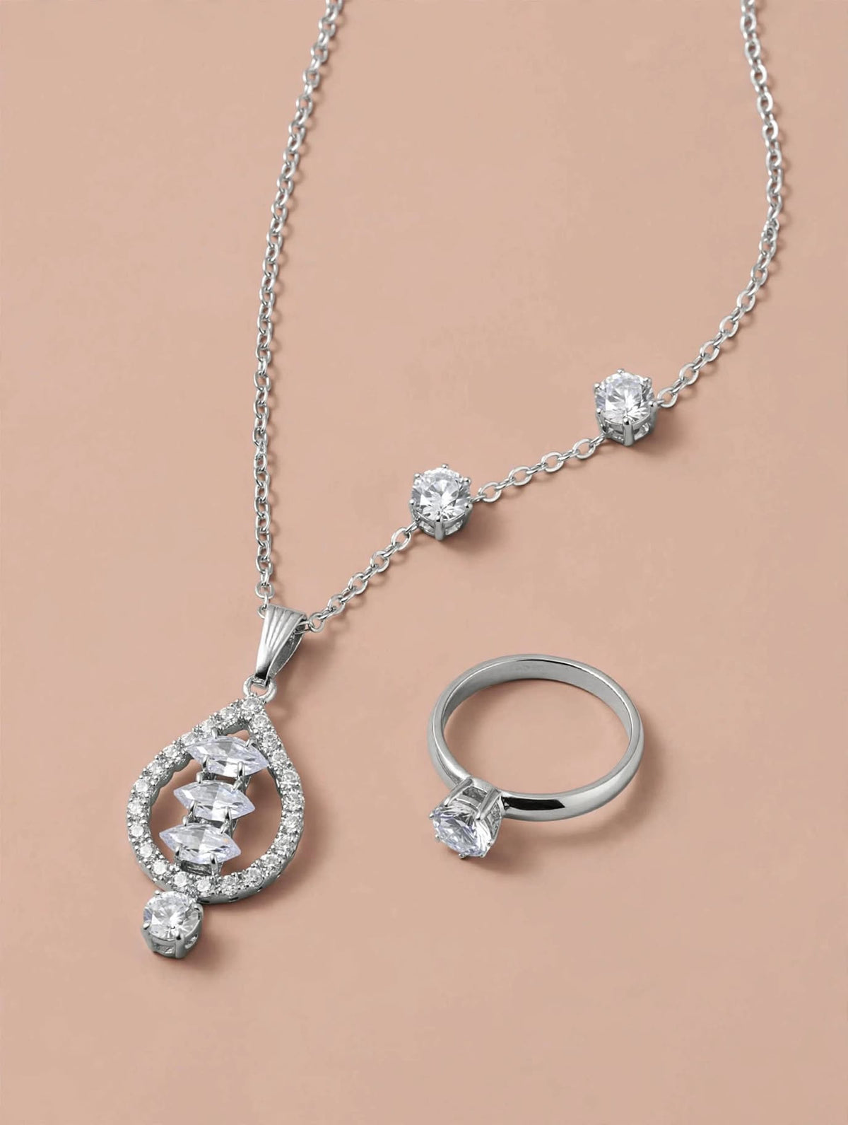 Silver Marquise CZ Teardrop Necklace and Ring Set