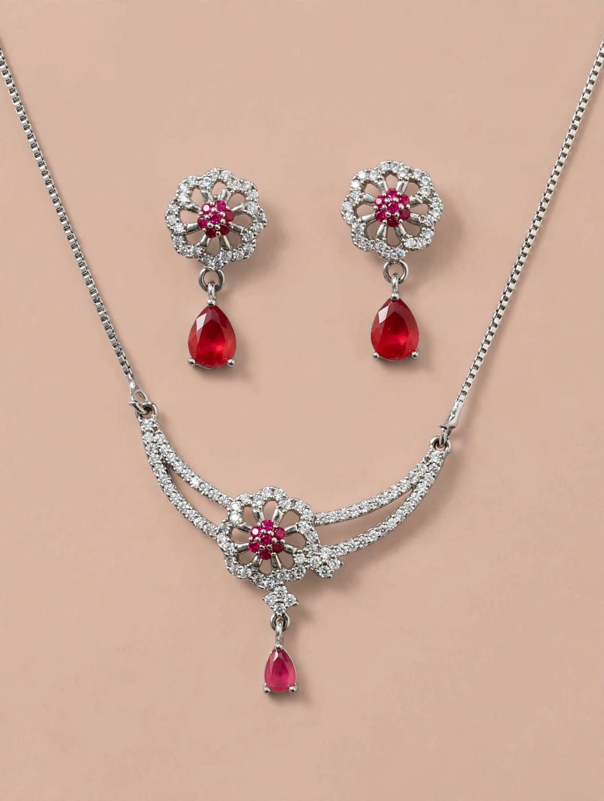 Silver Ruby Red Floral Necklace and Drop Earrings Set