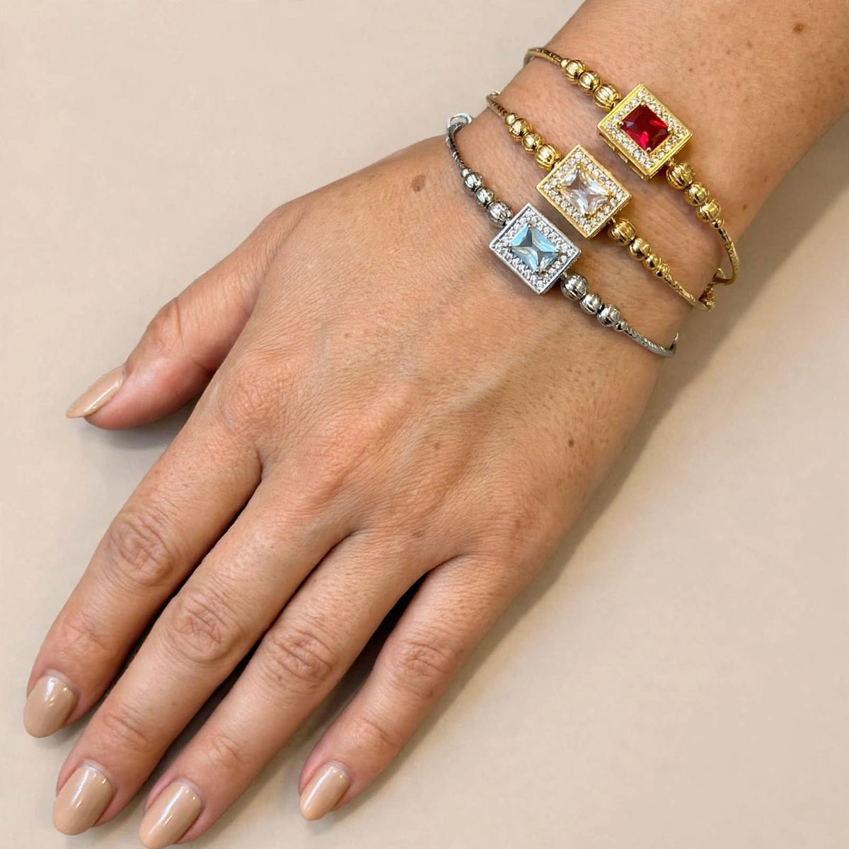 Square Halo Bangle Trio (Ruby, Clear, Aqua)
