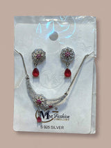 925 Silver Ruby Red CZ Floral Necklace and Earrings Set