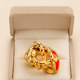 Gold Abstract Textured Ring with Red Enamel Detail