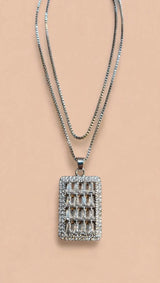 Silver Double Chain Necklace with Baguette CZ Rectangle Pendant