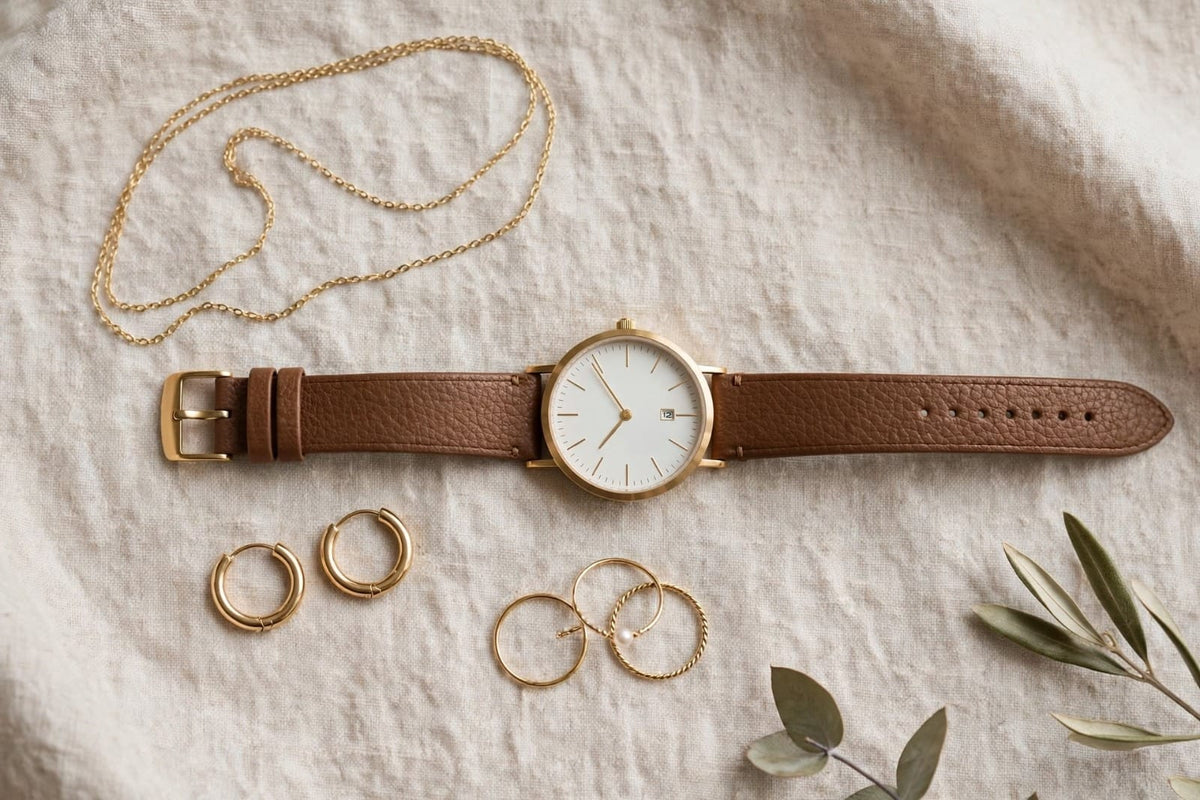 Gold Minimalist Chain Necklace, Hoop Earrings & Rings Set