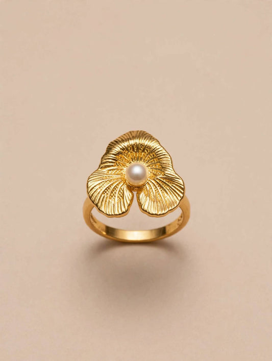 Golden Petal Pearl Statement Ring