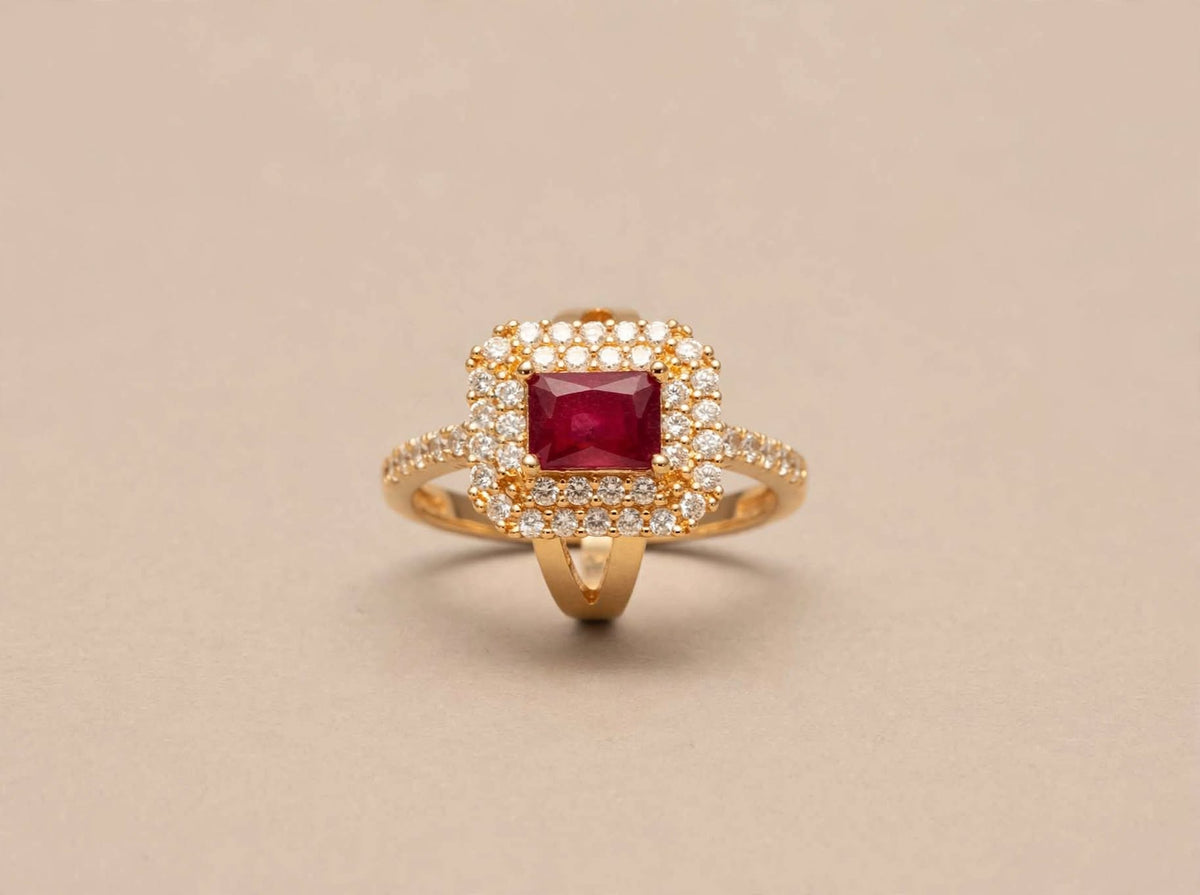 Crimson Ruby-Red Halo Gold Ring