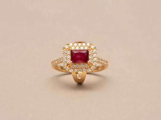 Crimson Ruby-Red Halo Gold Ring