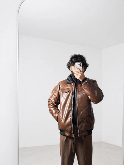 Brown Bomber Jacket with Faux Fur Collar