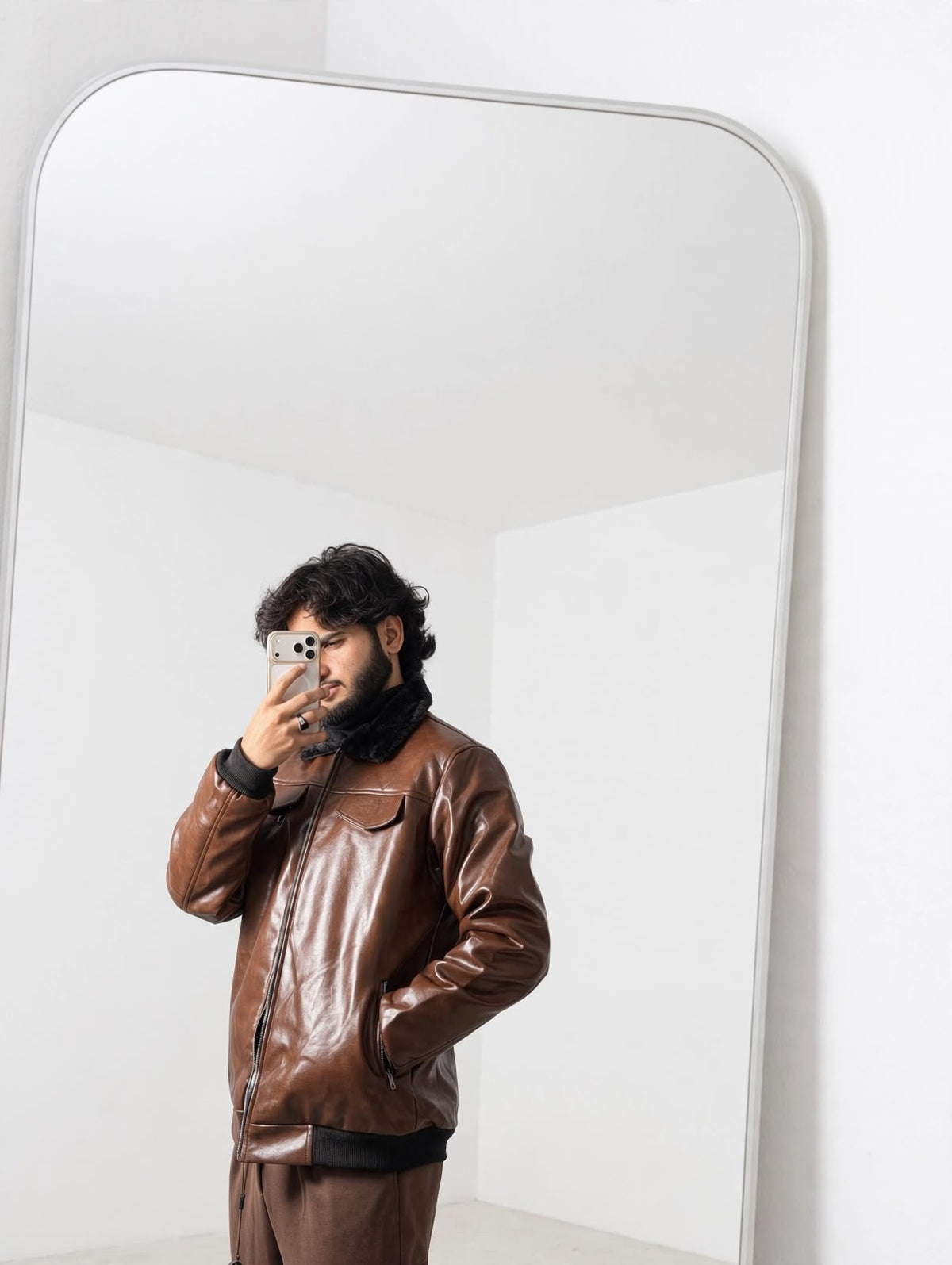Brown Bomber Jacket with Faux Fur Collar