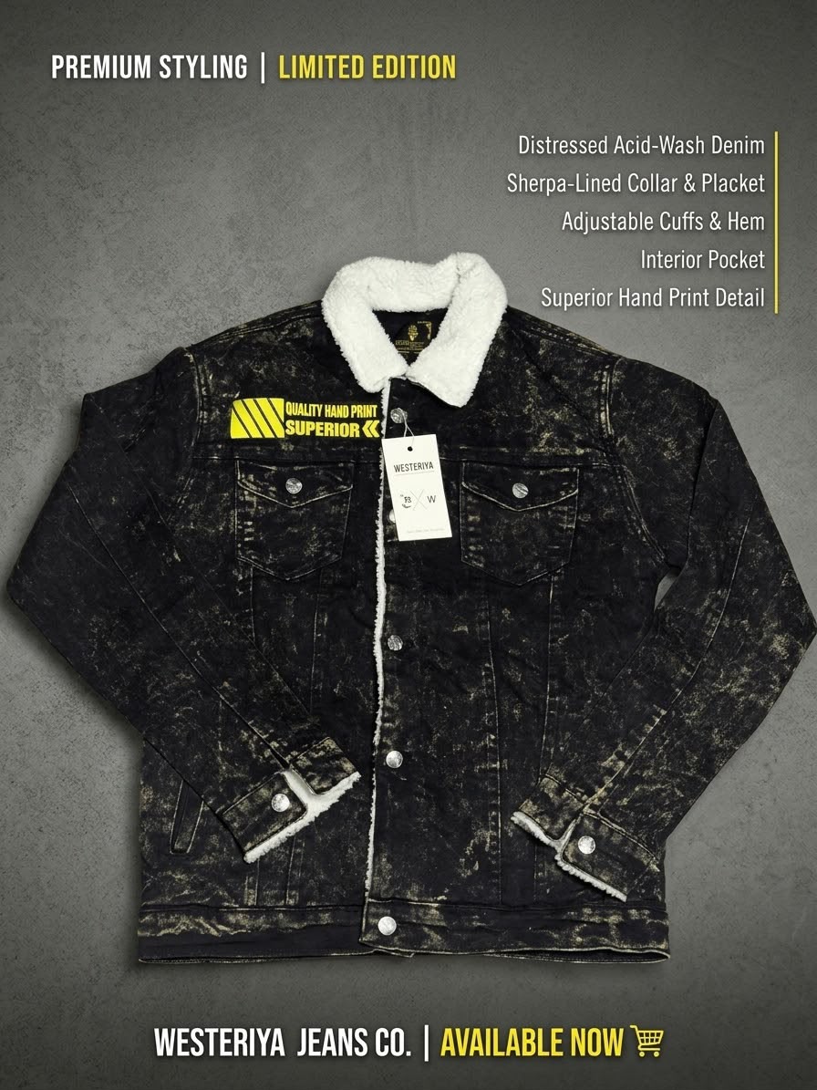 Black Acid-Wash Sherpa Denim Jacket