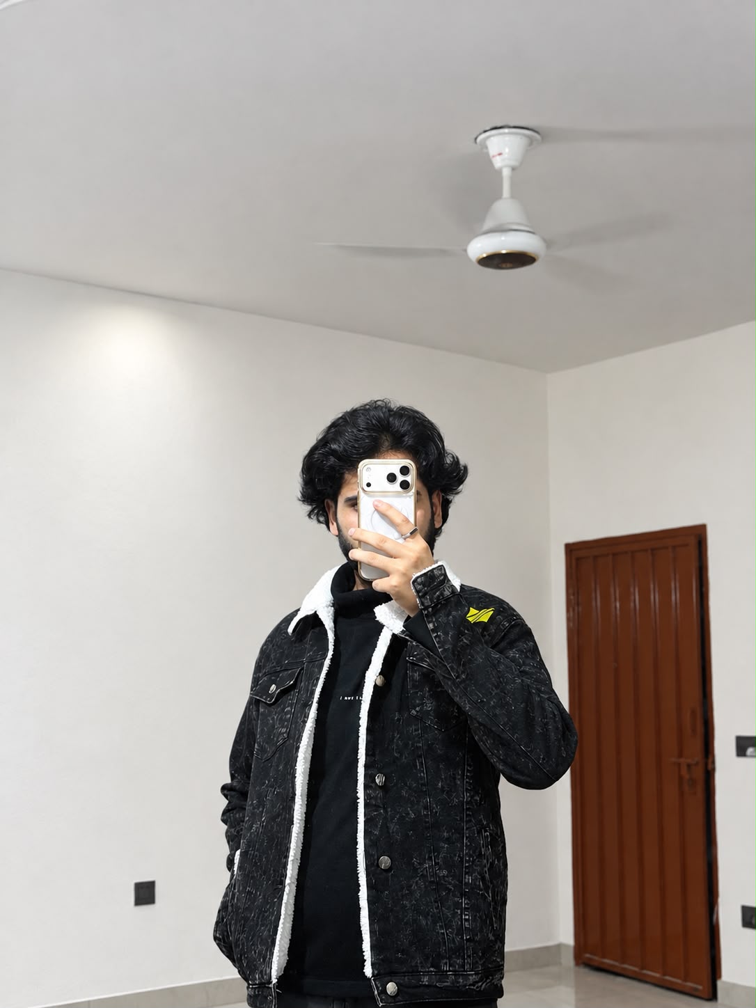 Black Acid-Wash Sherpa Denim Jacket
