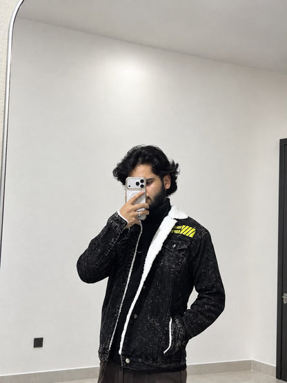 Black Acid-Wash Sherpa Denim Jacket