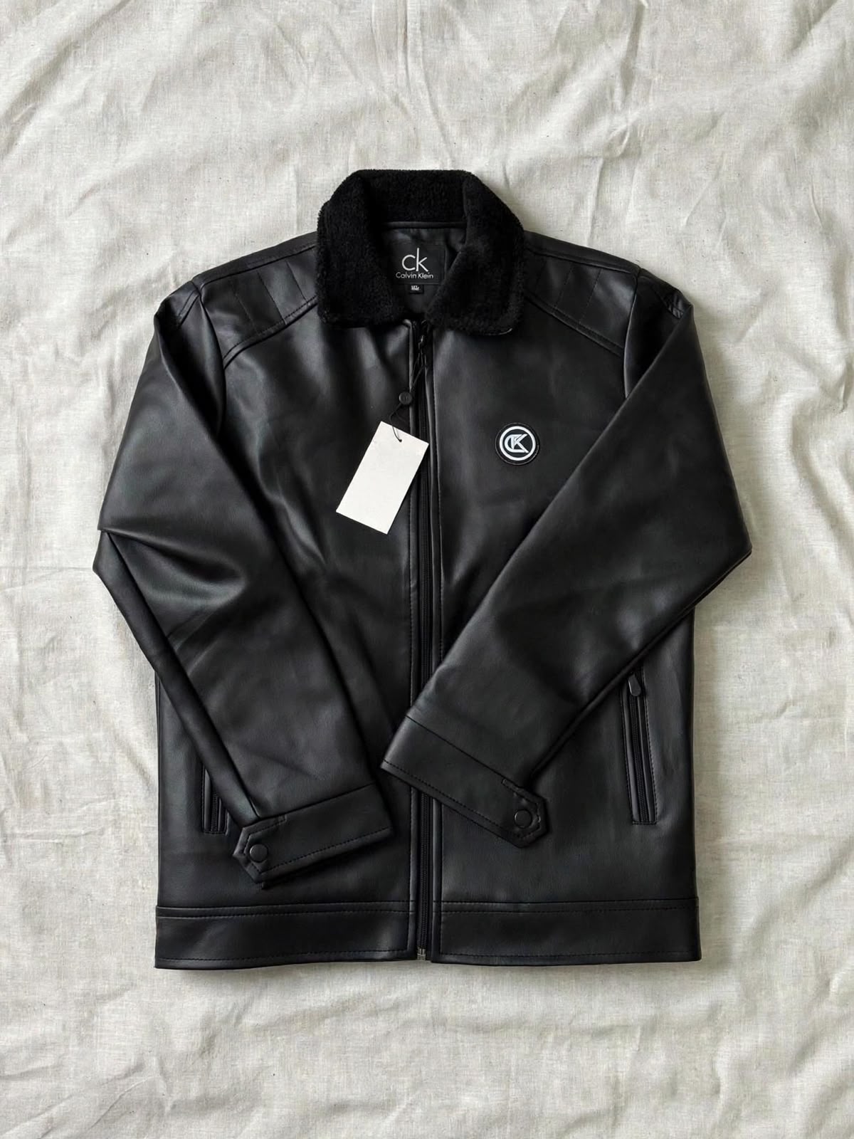 Black Leather-Look Jacket with Sherpa Collar