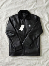 Black Leather-Look Jacket with Sherpa Collar