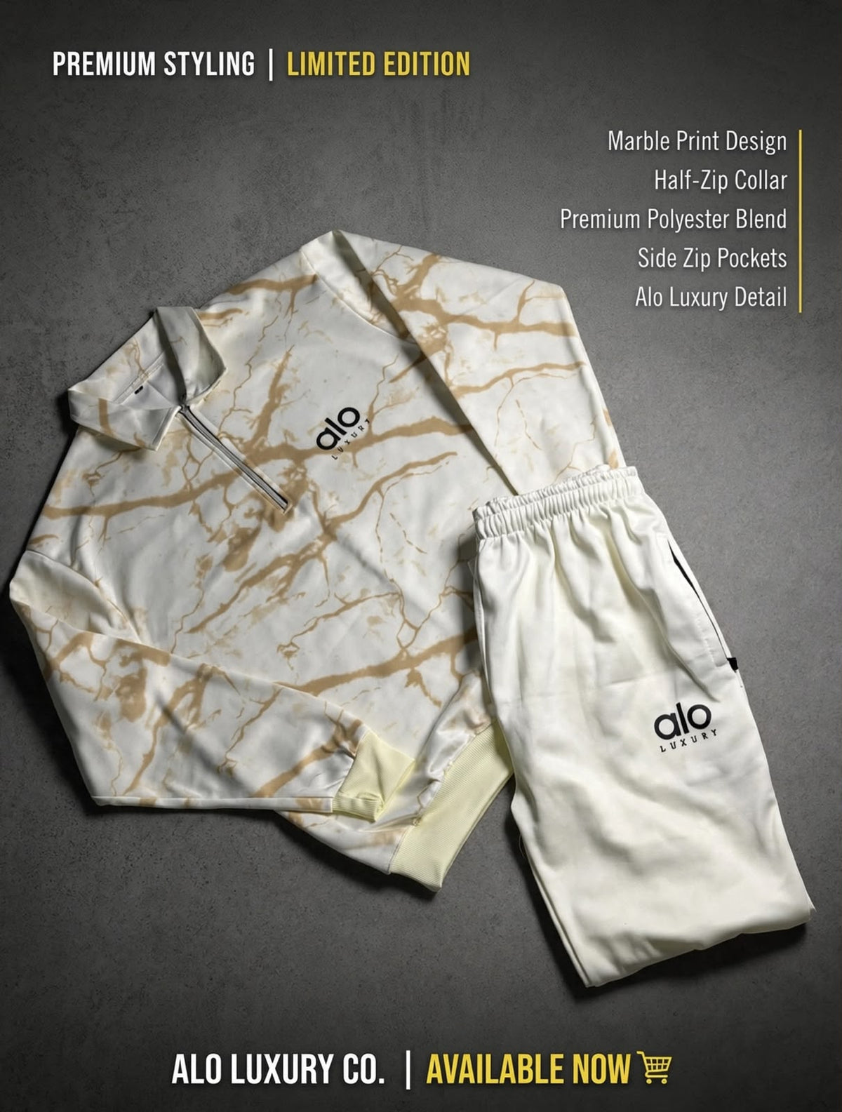 Cream Marble Half-Zip Tracksuit Set
