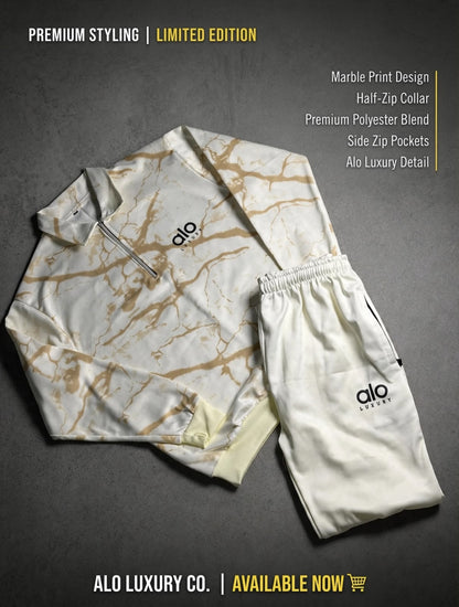 Cream Marble Half-Zip Tracksuit Set