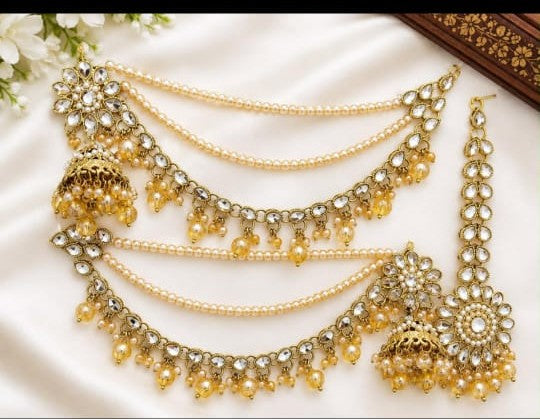 Pearl Kundan Ear Chain Jhumka Set