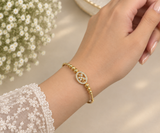 Gold Beaded Bracelet with Oval CZ Clover Charm