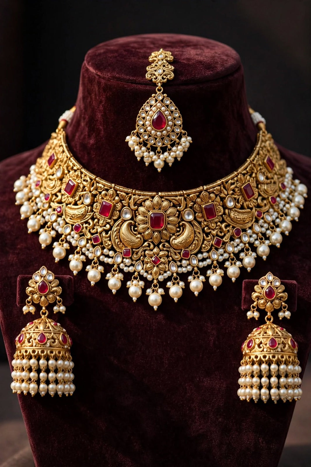 Bridal Choker Necklace Set | Ruby Pearl Tikka & Jhumka