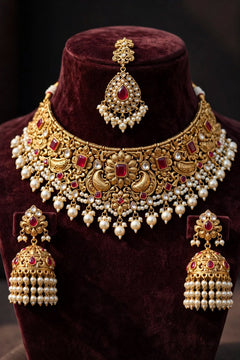 Bridal Choker Necklace Set | Ruby Pearl Tikka & Jhumka