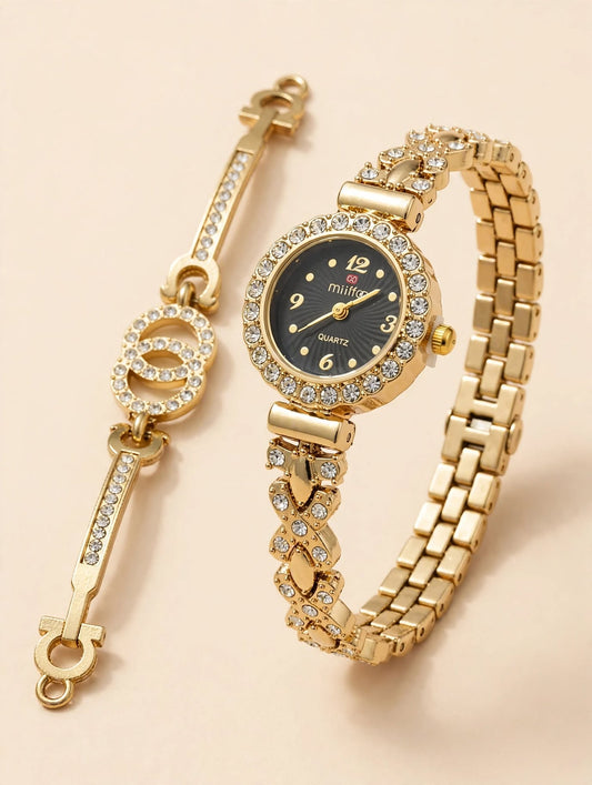 Miiifoo Crystal Studded Gold Watch with Bracelet