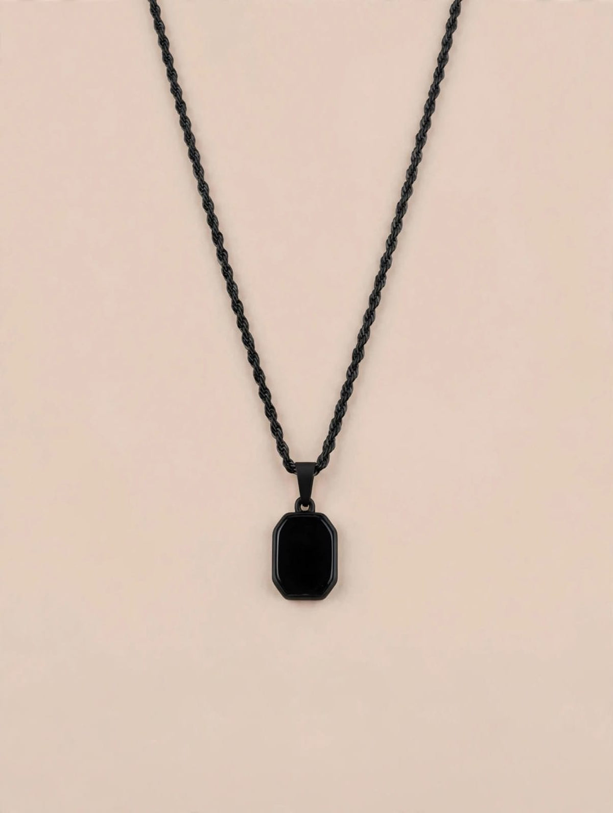 Black Rope Chain Necklace with Onyx Stone Pendant for Men