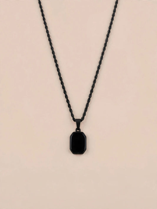 Black Rope Chain Necklace with Onyx Stone Pendant for Men