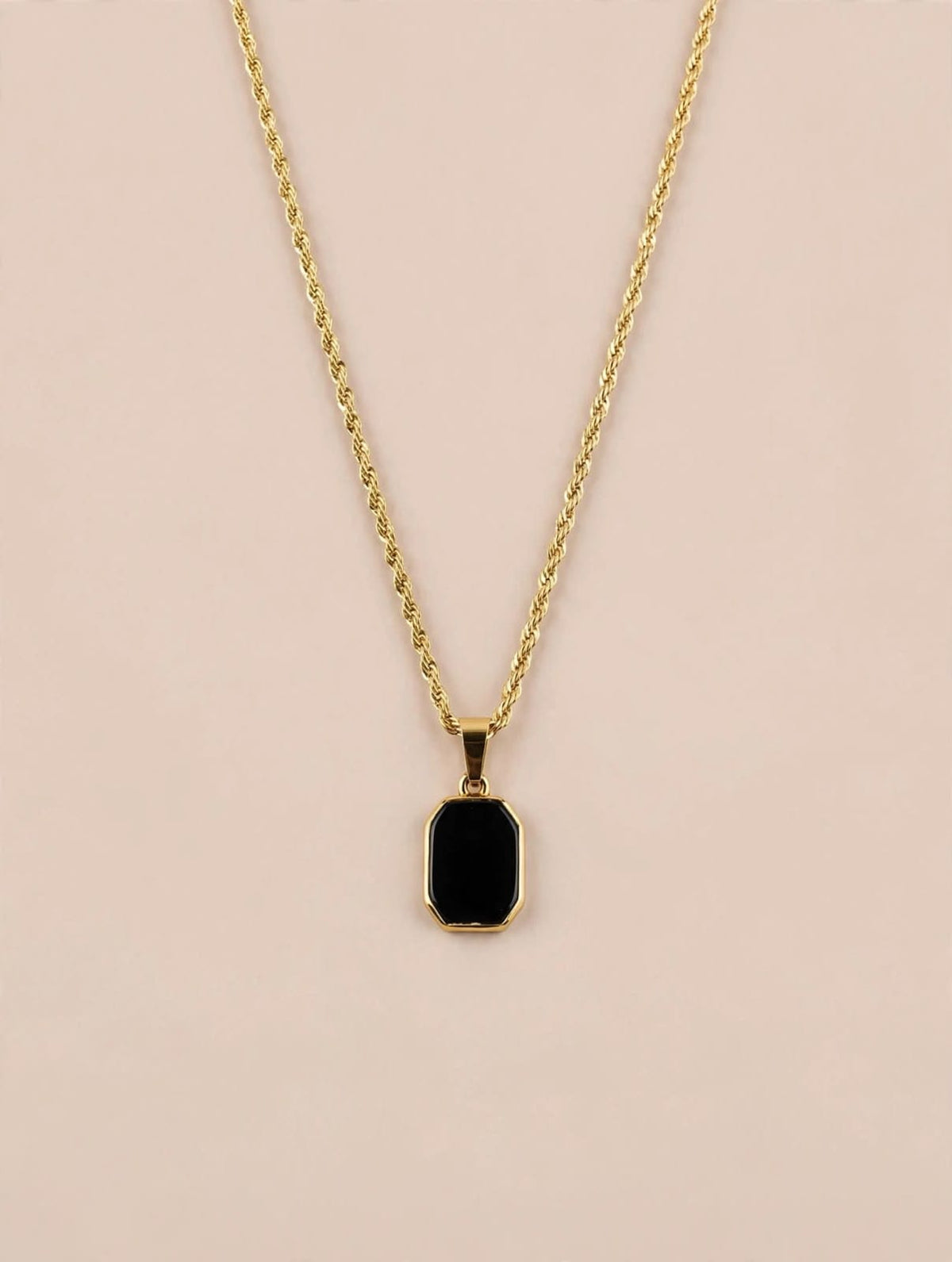 Gold Rope Chain Necklace with Black Onyx Stone Pendant