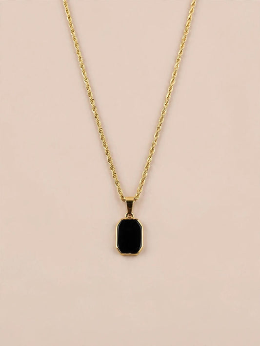 Gold Rope Chain Necklace with Black Onyx Stone Pendant