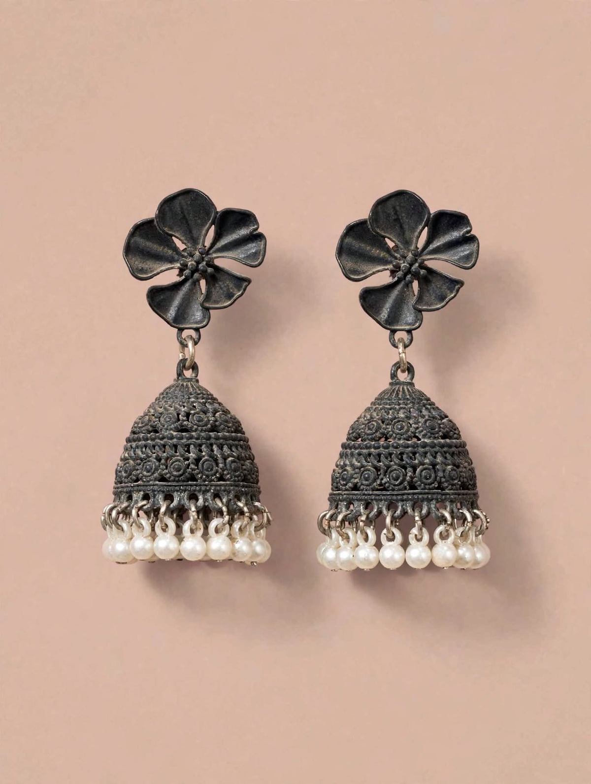 Oxidized Black Floral Jhumki Earrings with Pearl Drops