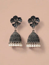Oxidized Black Floral Jhumki Earrings with Pearl Drops