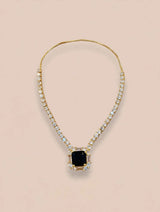 Gold Tennis Necklace with Black Emerald-Cut Stone Pendant